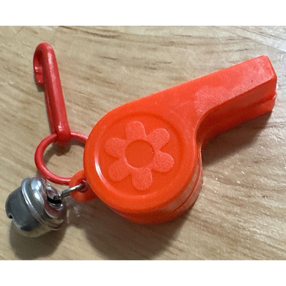 1980s Bell Charm Red Whistle 80s Necklace Vintage Plastic Clip On with Bell - Picture 3 of 4